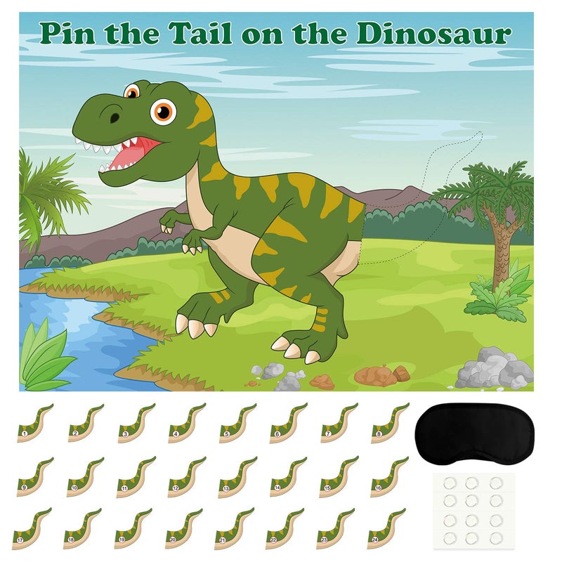 FEPITO Pin The Tail on The Dinosaur Game with 24 Pcs Tails for Dinosaur Birthday Party Supplies, Boys Dinosaur Party Game - Image 1